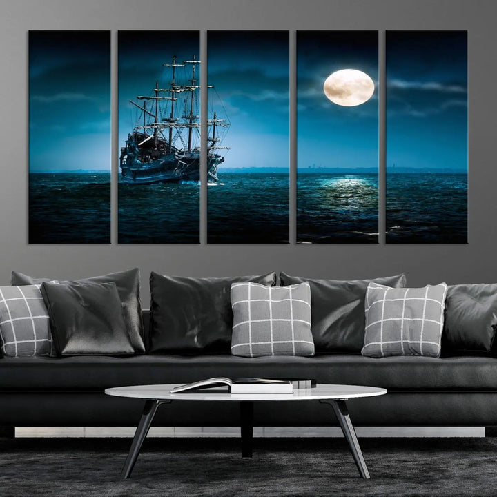 The "Moon and Ship in Ocean at Night Wall Art Canvas Print" features a stunning three-panel depiction of a ship sailing under a full moon. Presented on museum-quality canvas, this ready-to-hang piece is perfect for adding instant allure to any space.