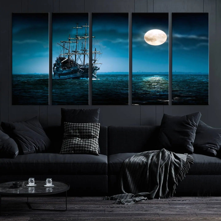 The "Moon and Ship in Ocean at Night Wall Art Canvas Print" features a stunning three-panel depiction of a ship sailing under a full moon. Presented on museum-quality canvas, this ready-to-hang piece is perfect for adding instant allure to any space.