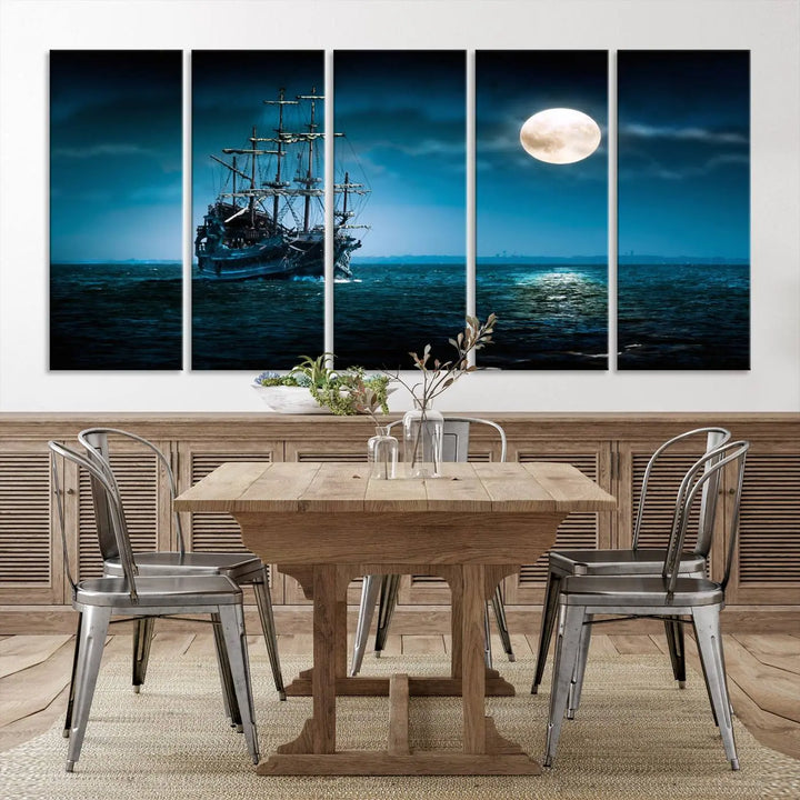 The "Moon and Ship in Ocean at Night Wall Art Canvas Print" features a stunning three-panel depiction of a ship sailing under a full moon. Presented on museum-quality canvas, this ready-to-hang piece is perfect for adding instant allure to any space.