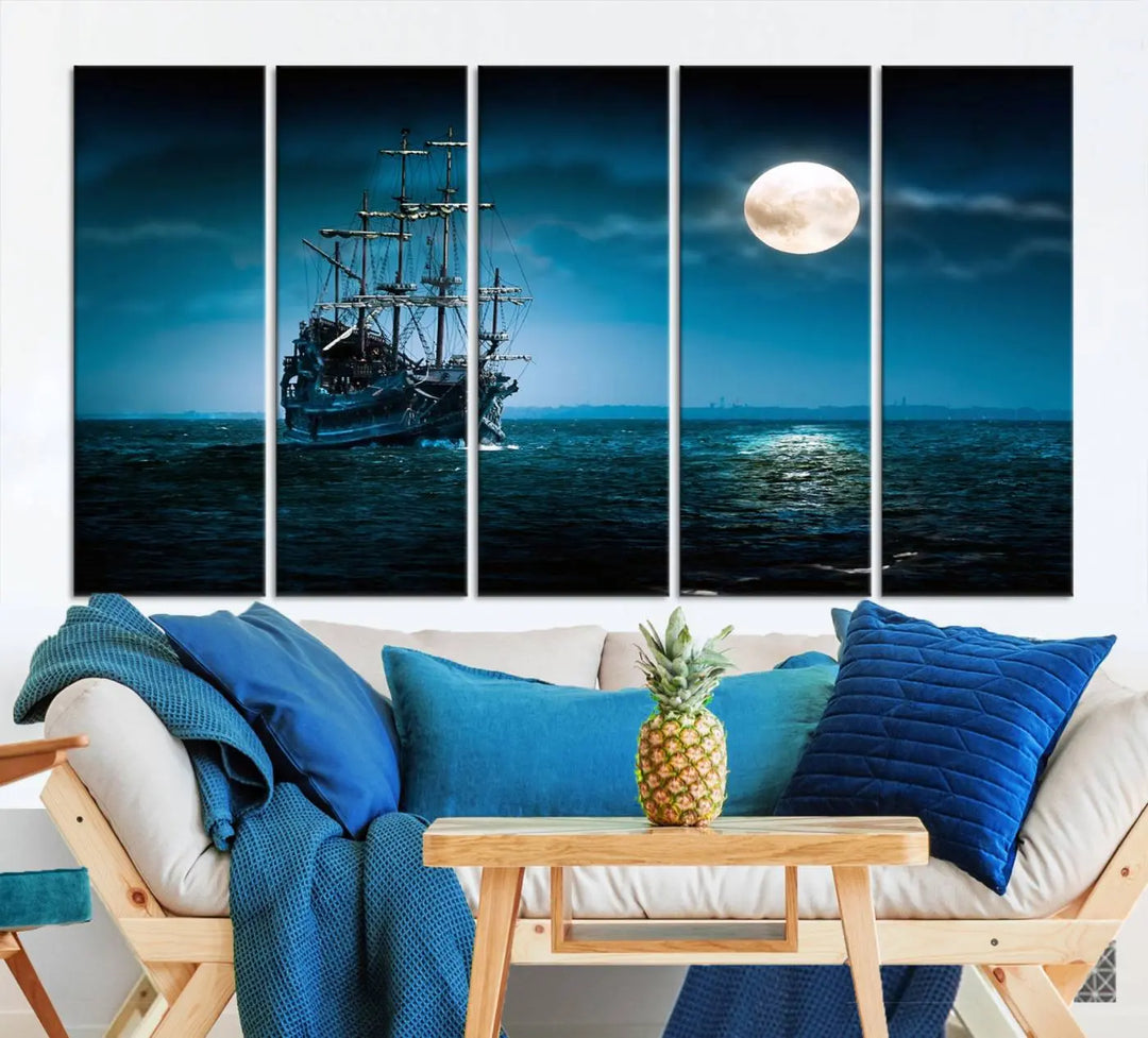 The "Moon and Ship in Ocean at Night Wall Art Canvas Print" features a stunning three-panel depiction of a ship sailing under a full moon. Presented on museum-quality canvas, this ready-to-hang piece is perfect for adding instant allure to any space.