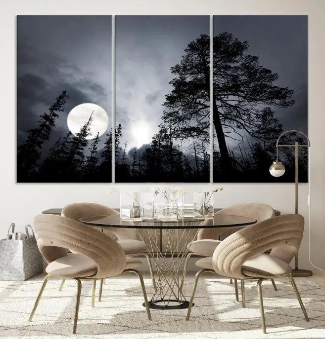 The dining room features the "Moon and Trees Wall Art Canvas Print" series. These artistic wall panels capture a moonlit forest scene on museum-quality canvas, each equipped with a UV-protective coating to ensure long-lasting beauty.