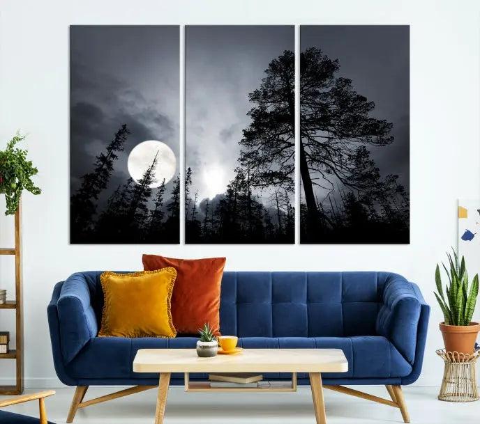 The dining room features the "Moon and Trees Wall Art Canvas Print" series. These artistic wall panels capture a moonlit forest scene on museum-quality canvas, each equipped with a UV-protective coating to ensure long-lasting beauty.