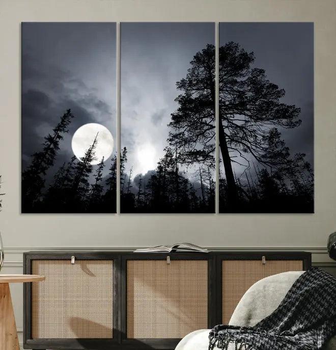 The dining room features the "Moon and Trees Wall Art Canvas Print" series. These artistic wall panels capture a moonlit forest scene on museum-quality canvas, each equipped with a UV-protective coating to ensure long-lasting beauty.