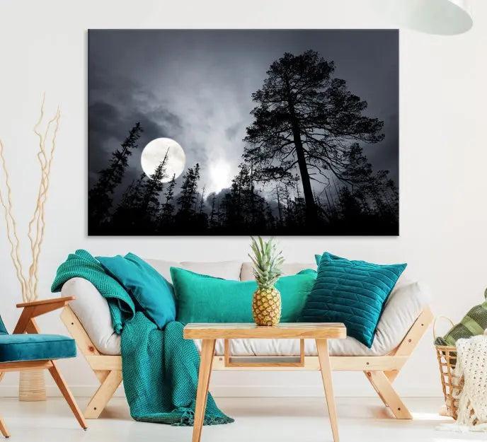 The dining room features the "Moon and Trees Wall Art Canvas Print" series. These artistic wall panels capture a moonlit forest scene on museum-quality canvas, each equipped with a UV-protective coating to ensure long-lasting beauty.