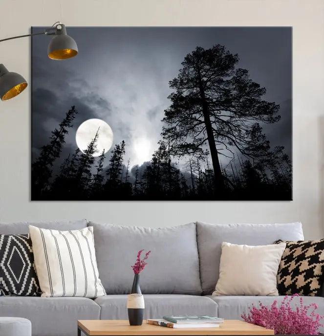 The dining room features the "Moon and Trees Wall Art Canvas Print" series. These artistic wall panels capture a moonlit forest scene on museum-quality canvas, each equipped with a UV-protective coating to ensure long-lasting beauty.