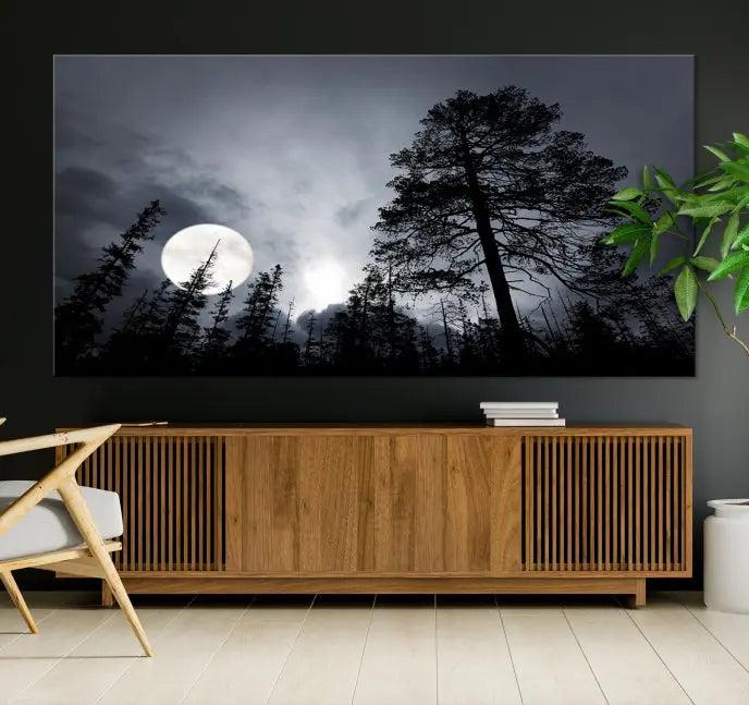 The dining room features the "Moon and Trees Wall Art Canvas Print" series. These artistic wall panels capture a moonlit forest scene on museum-quality canvas, each equipped with a UV-protective coating to ensure long-lasting beauty.