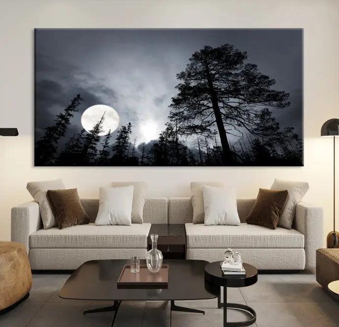 The dining room features the "Moon and Trees Wall Art Canvas Print" series. These artistic wall panels capture a moonlit forest scene on museum-quality canvas, each equipped with a UV-protective coating to ensure long-lasting beauty.