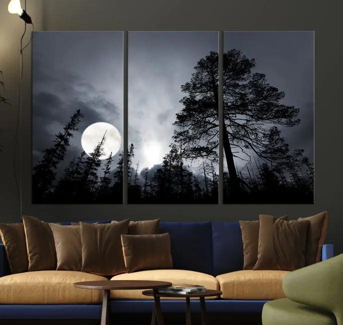 The dining room features the "Moon and Trees Wall Art Canvas Print" series. These artistic wall panels capture a moonlit forest scene on museum-quality canvas, each equipped with a UV-protective coating to ensure long-lasting beauty.