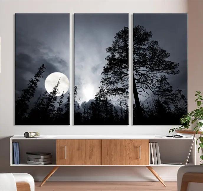 The dining room features the "Moon and Trees Wall Art Canvas Print" series. These artistic wall panels capture a moonlit forest scene on museum-quality canvas, each equipped with a UV-protective coating to ensure long-lasting beauty.