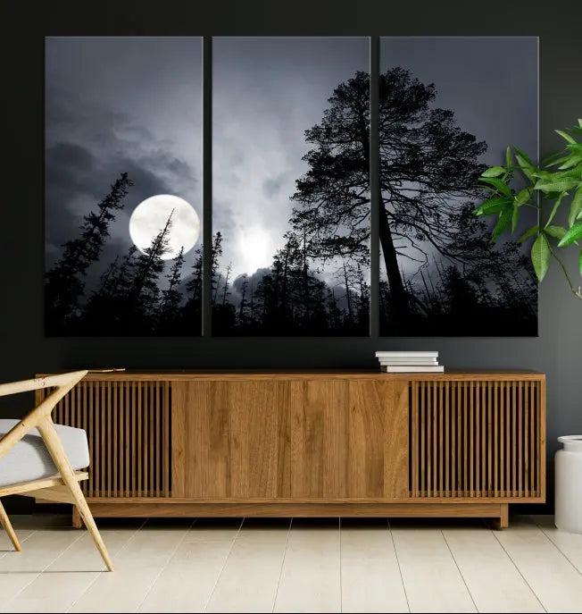 The dining room features the "Moon and Trees Wall Art Canvas Print" series. These artistic wall panels capture a moonlit forest scene on museum-quality canvas, each equipped with a UV-protective coating to ensure long-lasting beauty.