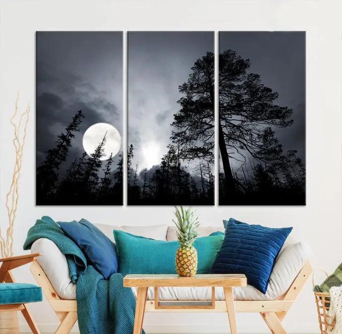 The dining room features the "Moon and Trees Wall Art Canvas Print" series. These artistic wall panels capture a moonlit forest scene on museum-quality canvas, each equipped with a UV-protective coating to ensure long-lasting beauty.