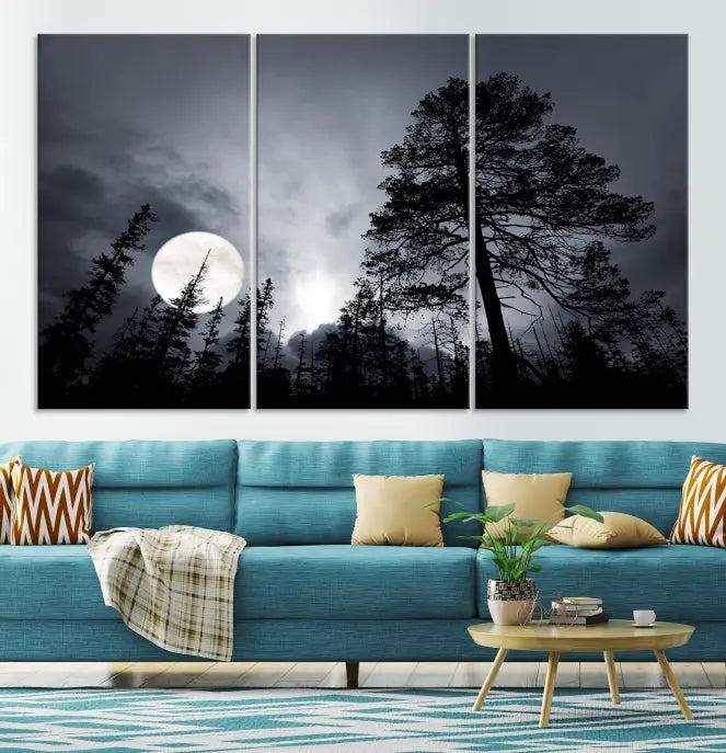 The dining room features the "Moon and Trees Wall Art Canvas Print" series. These artistic wall panels capture a moonlit forest scene on museum-quality canvas, each equipped with a UV-protective coating to ensure long-lasting beauty.