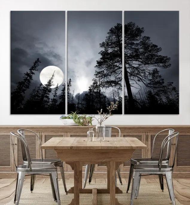 The dining room features the "Moon and Trees Wall Art Canvas Print" series. These artistic wall panels capture a moonlit forest scene on museum-quality canvas, each equipped with a UV-protective coating to ensure long-lasting beauty.