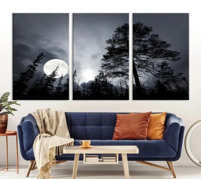 The dining room features the "Moon and Trees Wall Art Canvas Print" series. These artistic wall panels capture a moonlit forest scene on museum-quality canvas, each equipped with a UV-protective coating to ensure long-lasting beauty.