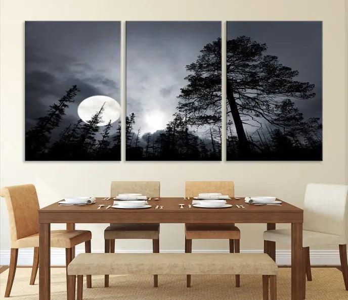 The dining room features the "Moon and Trees Wall Art Canvas Print" series. These artistic wall panels capture a moonlit forest scene on museum-quality canvas, each equipped with a UV-protective coating to ensure long-lasting beauty.