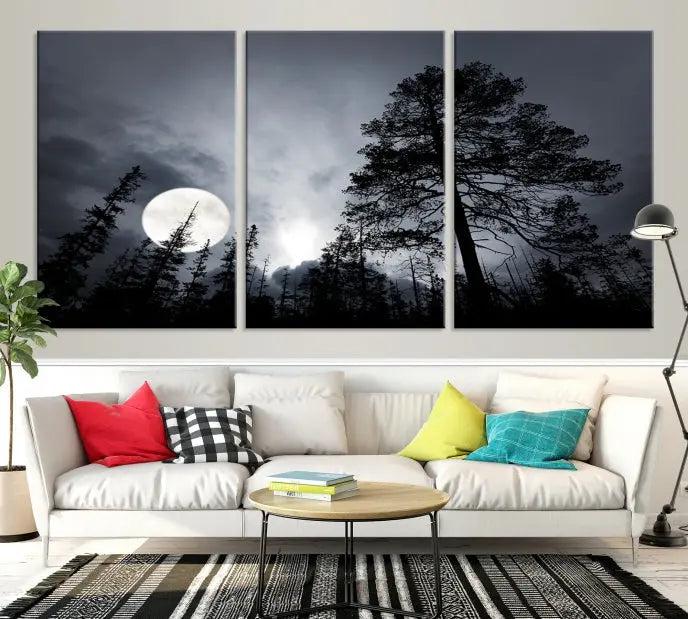 The dining room features the "Moon and Trees Wall Art Canvas Print" series. These artistic wall panels capture a moonlit forest scene on museum-quality canvas, each equipped with a UV-protective coating to ensure long-lasting beauty.