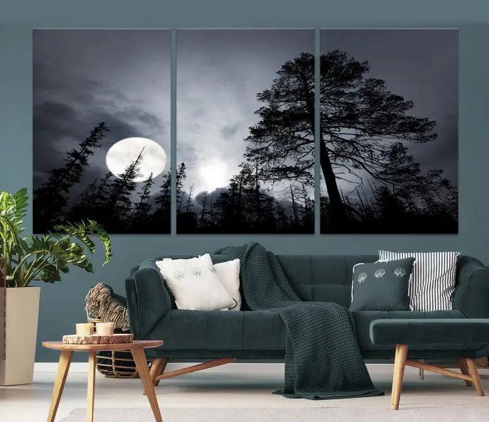 The dining room features the "Moon and Trees Wall Art Canvas Print" series. These artistic wall panels capture a moonlit forest scene on museum-quality canvas, each equipped with a UV-protective coating to ensure long-lasting beauty.