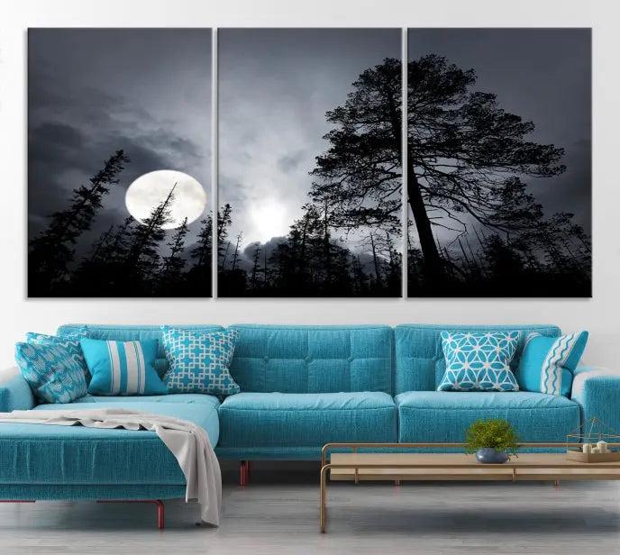 The dining room features the "Moon and Trees Wall Art Canvas Print" series. These artistic wall panels capture a moonlit forest scene on museum-quality canvas, each equipped with a UV-protective coating to ensure long-lasting beauty.