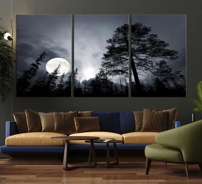 The dining room features the "Moon and Trees Wall Art Canvas Print" series. These artistic wall panels capture a moonlit forest scene on museum-quality canvas, each equipped with a UV-protective coating to ensure long-lasting beauty.