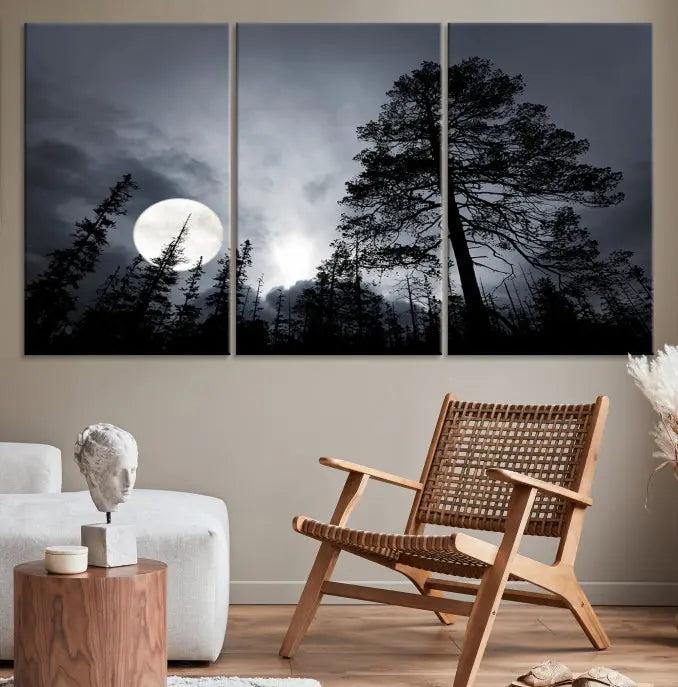 The dining room features the "Moon and Trees Wall Art Canvas Print" series. These artistic wall panels capture a moonlit forest scene on museum-quality canvas, each equipped with a UV-protective coating to ensure long-lasting beauty.