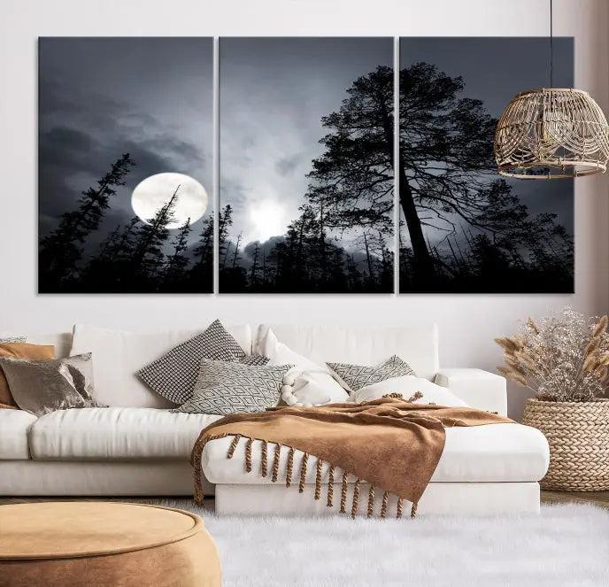 The dining room features the "Moon and Trees Wall Art Canvas Print" series. These artistic wall panels capture a moonlit forest scene on museum-quality canvas, each equipped with a UV-protective coating to ensure long-lasting beauty.