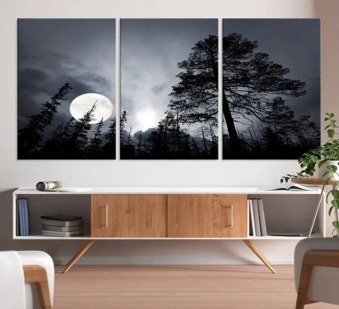 The dining room features the "Moon and Trees Wall Art Canvas Print" series. These artistic wall panels capture a moonlit forest scene on museum-quality canvas, each equipped with a UV-protective coating to ensure long-lasting beauty.