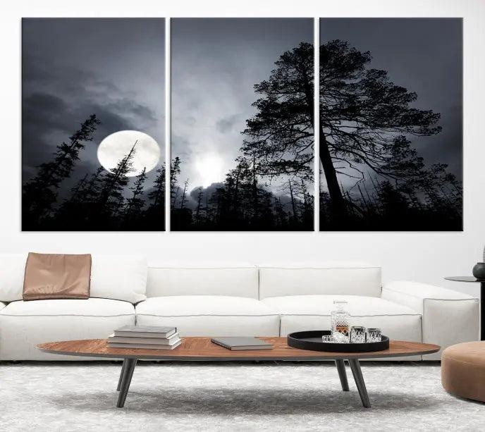 The dining room features the "Moon and Trees Wall Art Canvas Print" series. These artistic wall panels capture a moonlit forest scene on museum-quality canvas, each equipped with a UV-protective coating to ensure long-lasting beauty.