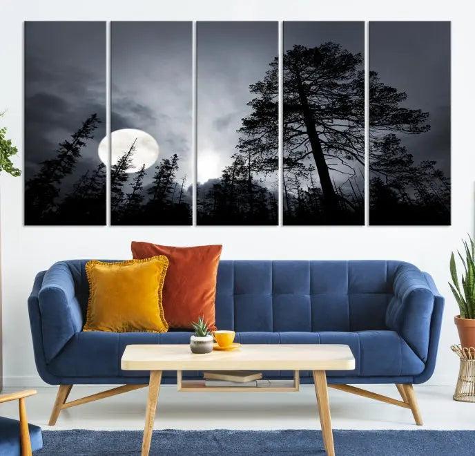 The dining room features the "Moon and Trees Wall Art Canvas Print" series. These artistic wall panels capture a moonlit forest scene on museum-quality canvas, each equipped with a UV-protective coating to ensure long-lasting beauty.