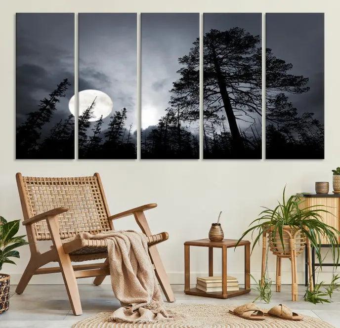 The dining room features the "Moon and Trees Wall Art Canvas Print" series. These artistic wall panels capture a moonlit forest scene on museum-quality canvas, each equipped with a UV-protective coating to ensure long-lasting beauty.