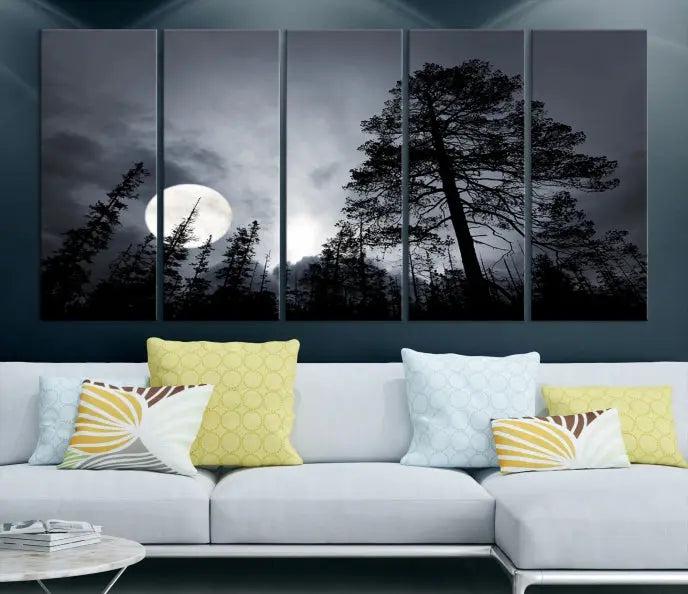 The dining room features the "Moon and Trees Wall Art Canvas Print" series. These artistic wall panels capture a moonlit forest scene on museum-quality canvas, each equipped with a UV-protective coating to ensure long-lasting beauty.