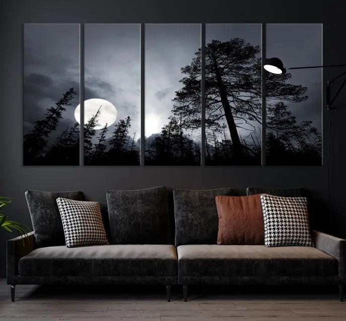 The dining room features the "Moon and Trees Wall Art Canvas Print" series. These artistic wall panels capture a moonlit forest scene on museum-quality canvas, each equipped with a UV-protective coating to ensure long-lasting beauty.