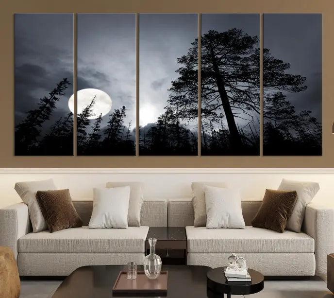 The dining room features the "Moon and Trees Wall Art Canvas Print" series. These artistic wall panels capture a moonlit forest scene on museum-quality canvas, each equipped with a UV-protective coating to ensure long-lasting beauty.