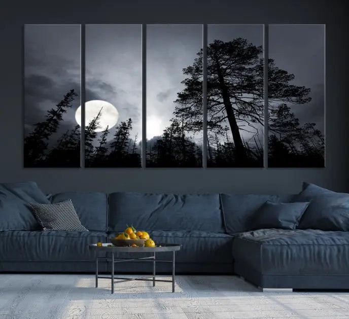 The dining room features the "Moon and Trees Wall Art Canvas Print" series. These artistic wall panels capture a moonlit forest scene on museum-quality canvas, each equipped with a UV-protective coating to ensure long-lasting beauty.