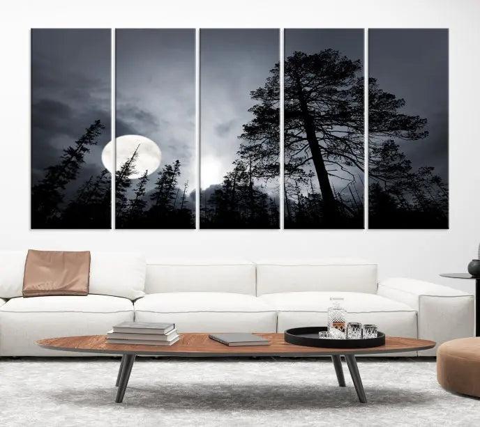 The dining room features the "Moon and Trees Wall Art Canvas Print" series. These artistic wall panels capture a moonlit forest scene on museum-quality canvas, each equipped with a UV-protective coating to ensure long-lasting beauty.