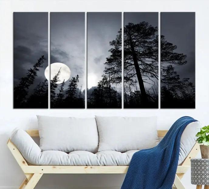 The dining room features the "Moon and Trees Wall Art Canvas Print" series. These artistic wall panels capture a moonlit forest scene on museum-quality canvas, each equipped with a UV-protective coating to ensure long-lasting beauty.