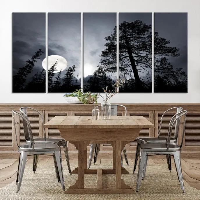 The dining room features the "Moon and Trees Wall Art Canvas Print" series. These artistic wall panels capture a moonlit forest scene on museum-quality canvas, each equipped with a UV-protective coating to ensure long-lasting beauty.