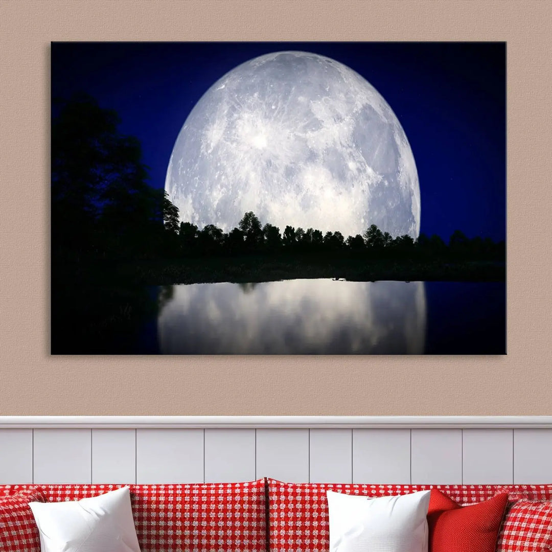 A modern living room showcases a three-panel MoonGlade Wall Art Canvas Print, depicting a moonlit night over a tranquil lake on museum-quality canvases.