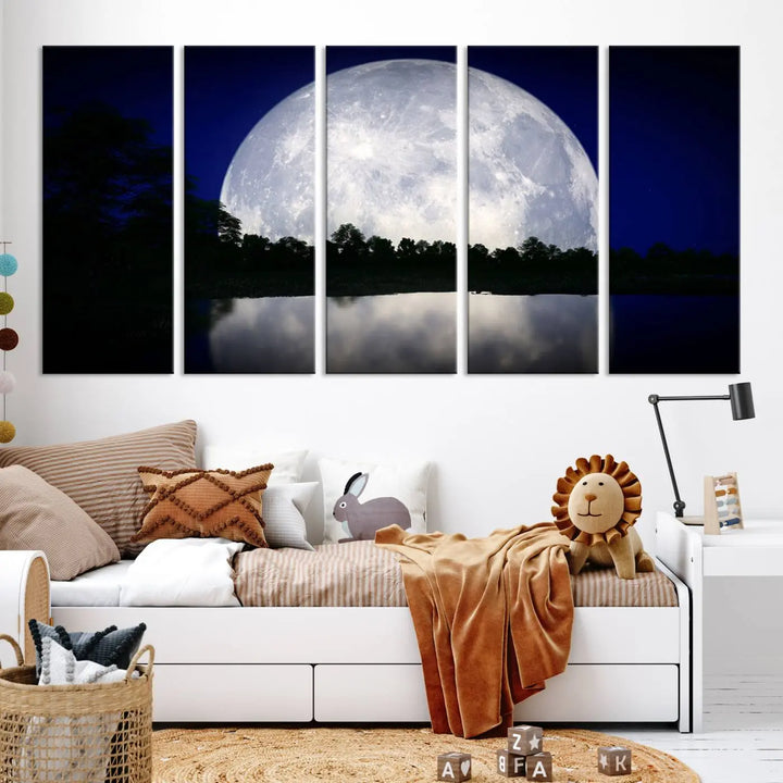 A modern living room showcases a three-panel MoonGlade Wall Art Canvas Print, depicting a moonlit night over a tranquil lake on museum-quality canvases.