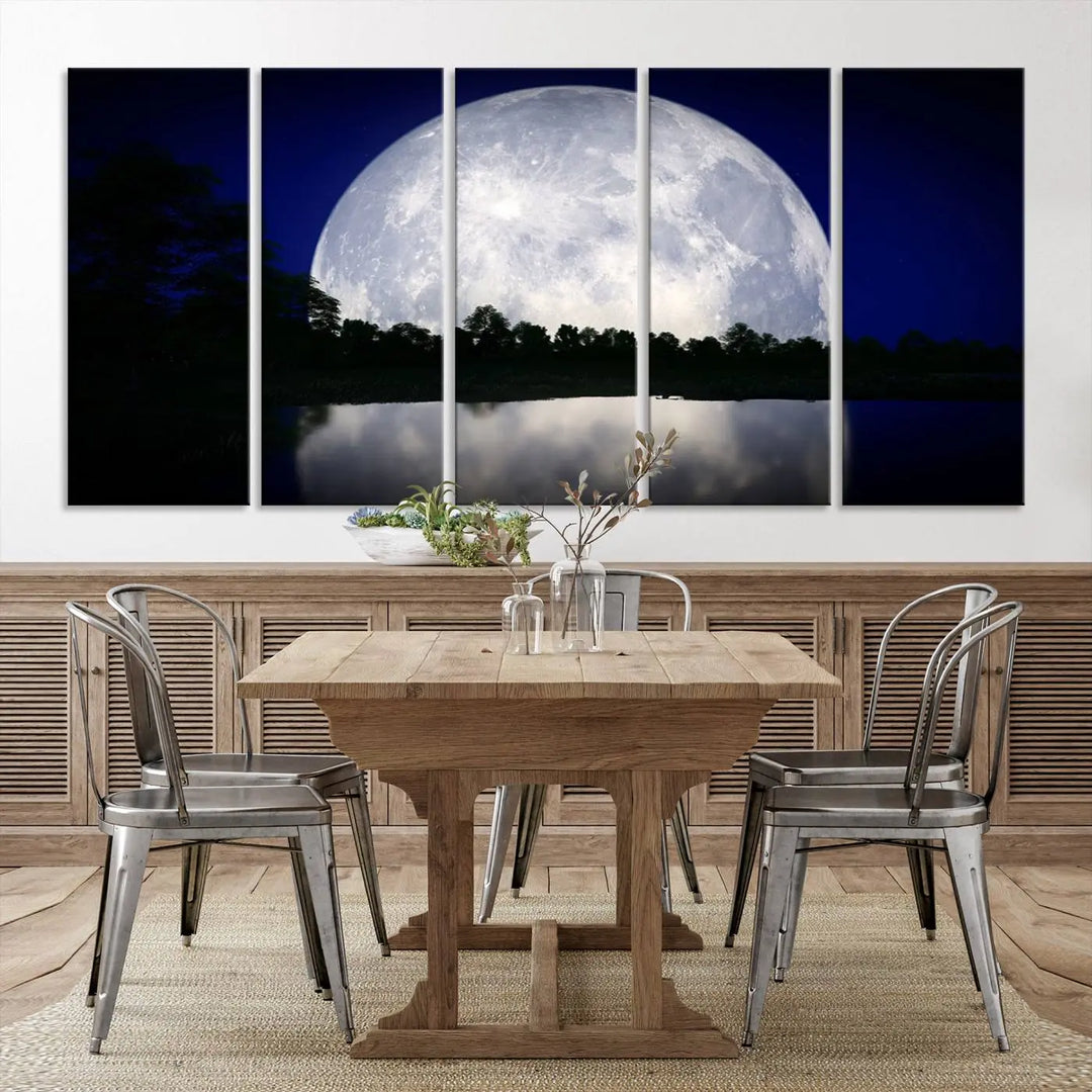 A modern living room showcases a three-panel MoonGlade Wall Art Canvas Print, depicting a moonlit night over a tranquil lake on museum-quality canvases.