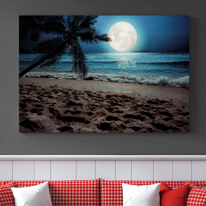 The living room features the Moonglade Coastal Palm Tree Wall Art Canvas Print adorning the wall. This triptych showcases palm trees and ocean waves on museum-quality canvases, enhanced with a UV-protective coating to maintain its vibrant colors.