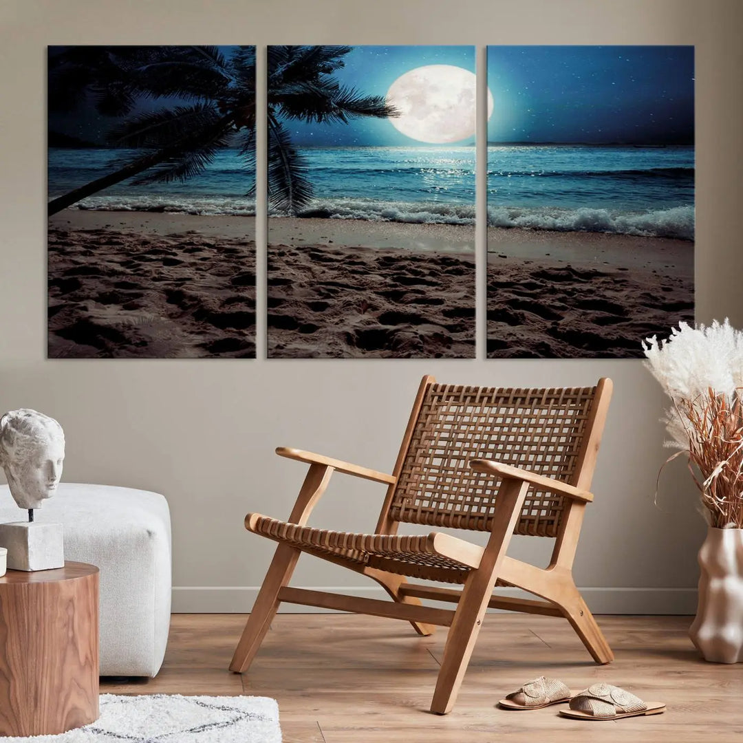 The living room features the Moonglade Coastal Palm Tree Wall Art Canvas Print adorning the wall. This triptych showcases palm trees and ocean waves on museum-quality canvases, enhanced with a UV-protective coating to maintain its vibrant colors.