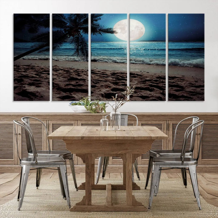 The living room features the Moonglade Coastal Palm Tree Wall Art Canvas Print adorning the wall. This triptych showcases palm trees and ocean waves on museum-quality canvases, enhanced with a UV-protective coating to maintain its vibrant colors.