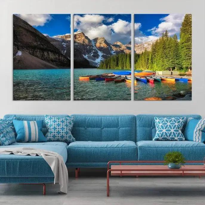 Moraine Lake 3-Panel Wall Art, Majestic Mountain and Lake Landscape Canvas Print Canoes on Moraine Lake, Large Framed Living Room or Office