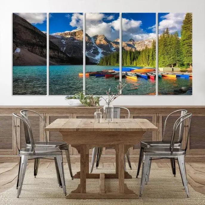 Edit-Images-Moraine Lake 3-Panel Wall Art, Majestic Mountain and Lake Landscape Canvas Print Canoes on Moraine Lake, Large Framed Living Room or Office