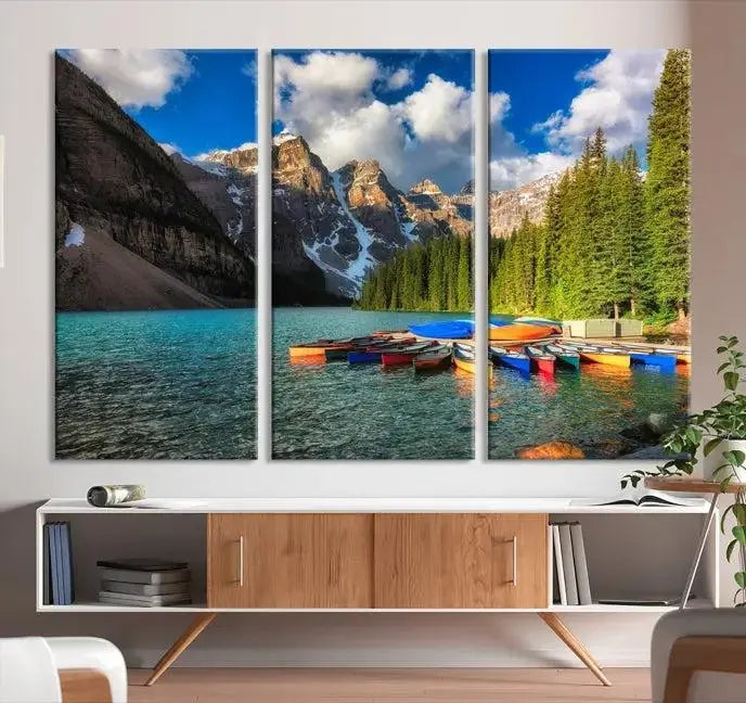 Moraine Lake 3-Panel Wall Art, Majestic Mountain and Lake Landscape Canvas Print Canoes on Moraine Lake, Large Framed Living Room or Office