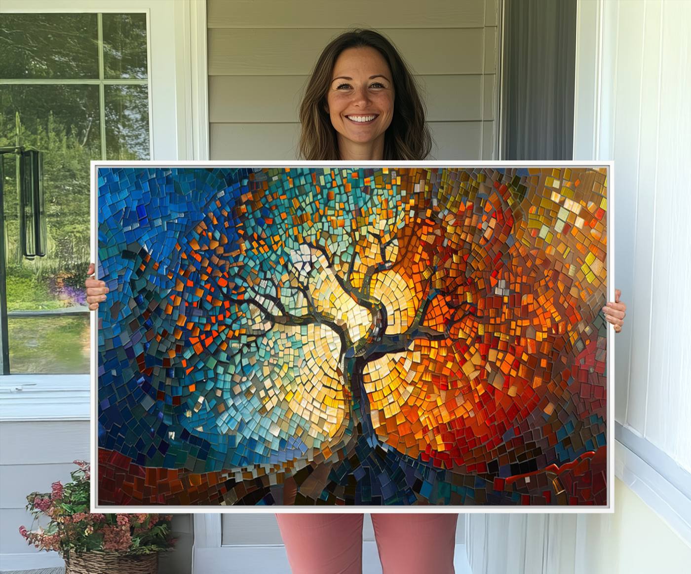 66056-MGV-CV-36X24-Mosaic Tree Canvas Wall Art Canvas Print – Vibrant Stained Glass-Inspired Tree of Life - Ready to Hang