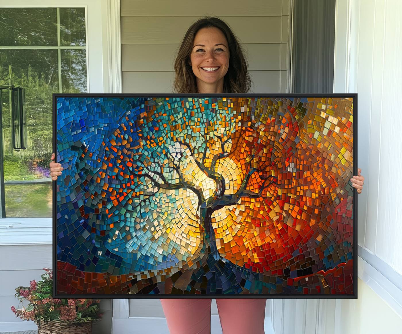 66056-MGV-CV-36X24-Mosaic Tree Canvas Wall Art Canvas Print – Vibrant Stained Glass-Inspired Tree of Life - Ready to Hang