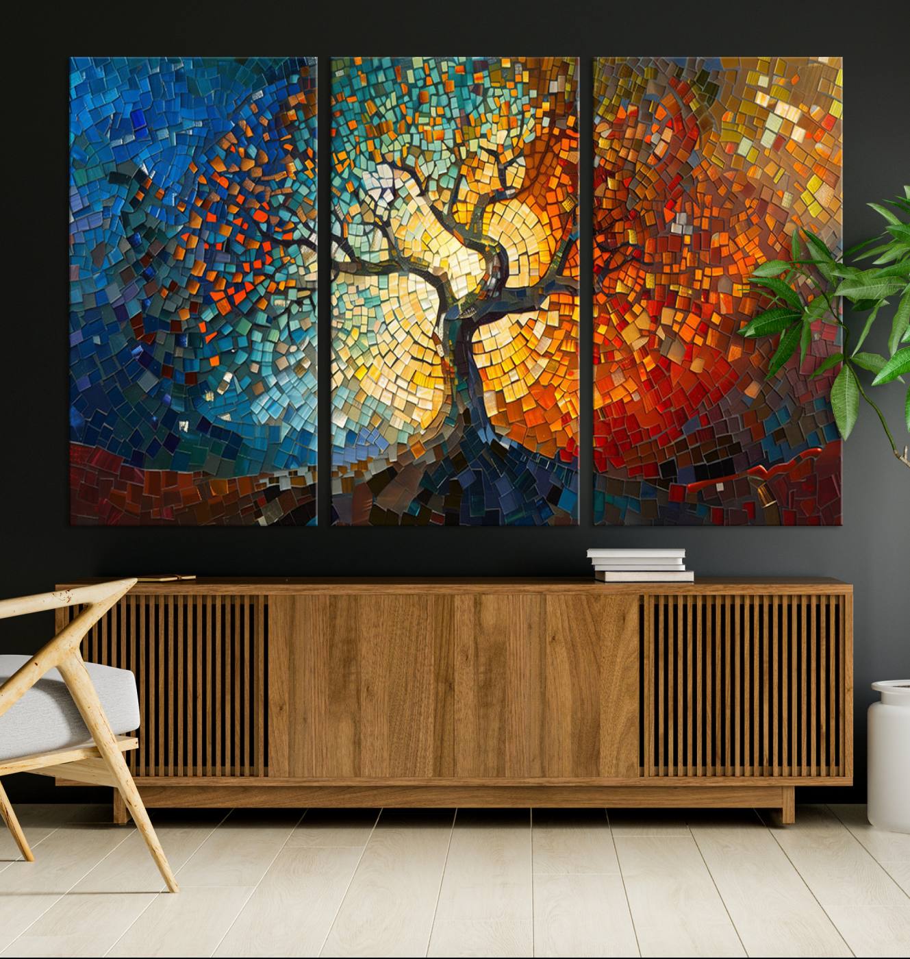 66056-MGV-CV-36X24-Mosaic Tree Canvas Wall Art Canvas Print – Vibrant Stained Glass-Inspired Tree of Life - Ready to Hang