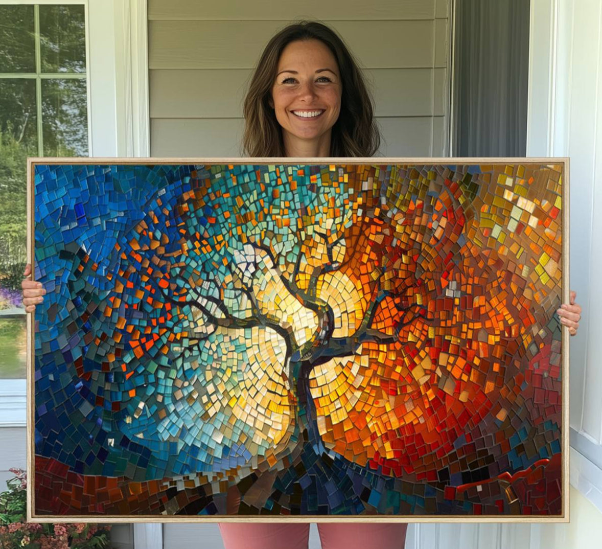 66056-MGV-CV-36X24-Mosaic Tree Canvas Wall Art Canvas Print – Vibrant Stained Glass-Inspired Tree of Life - Ready to Hang