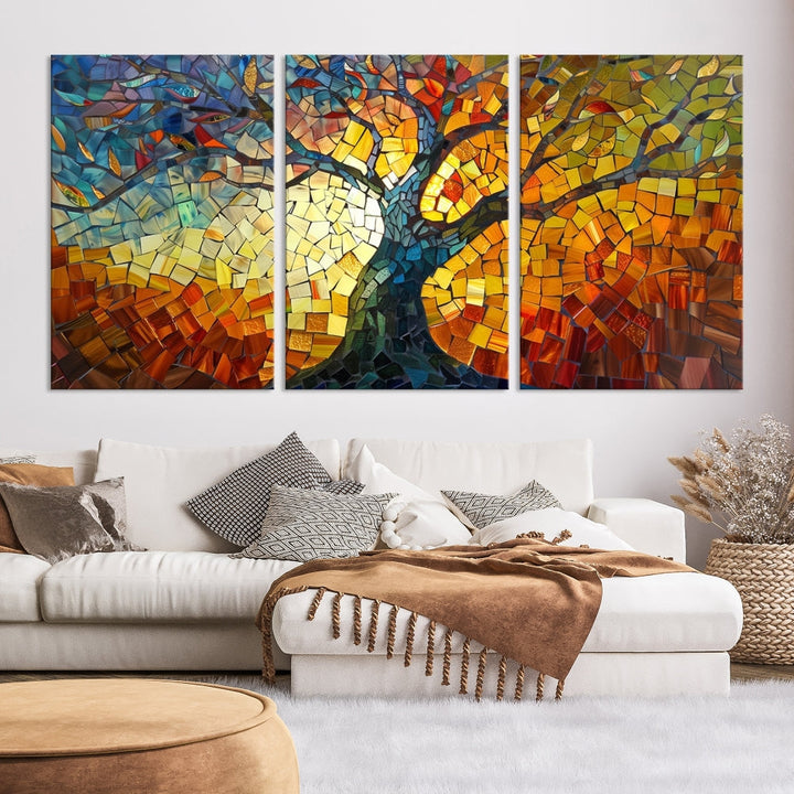 Mosaic Tree Canvas Wall Art – Vibrant Stained Glass-Inspired Tree of Life